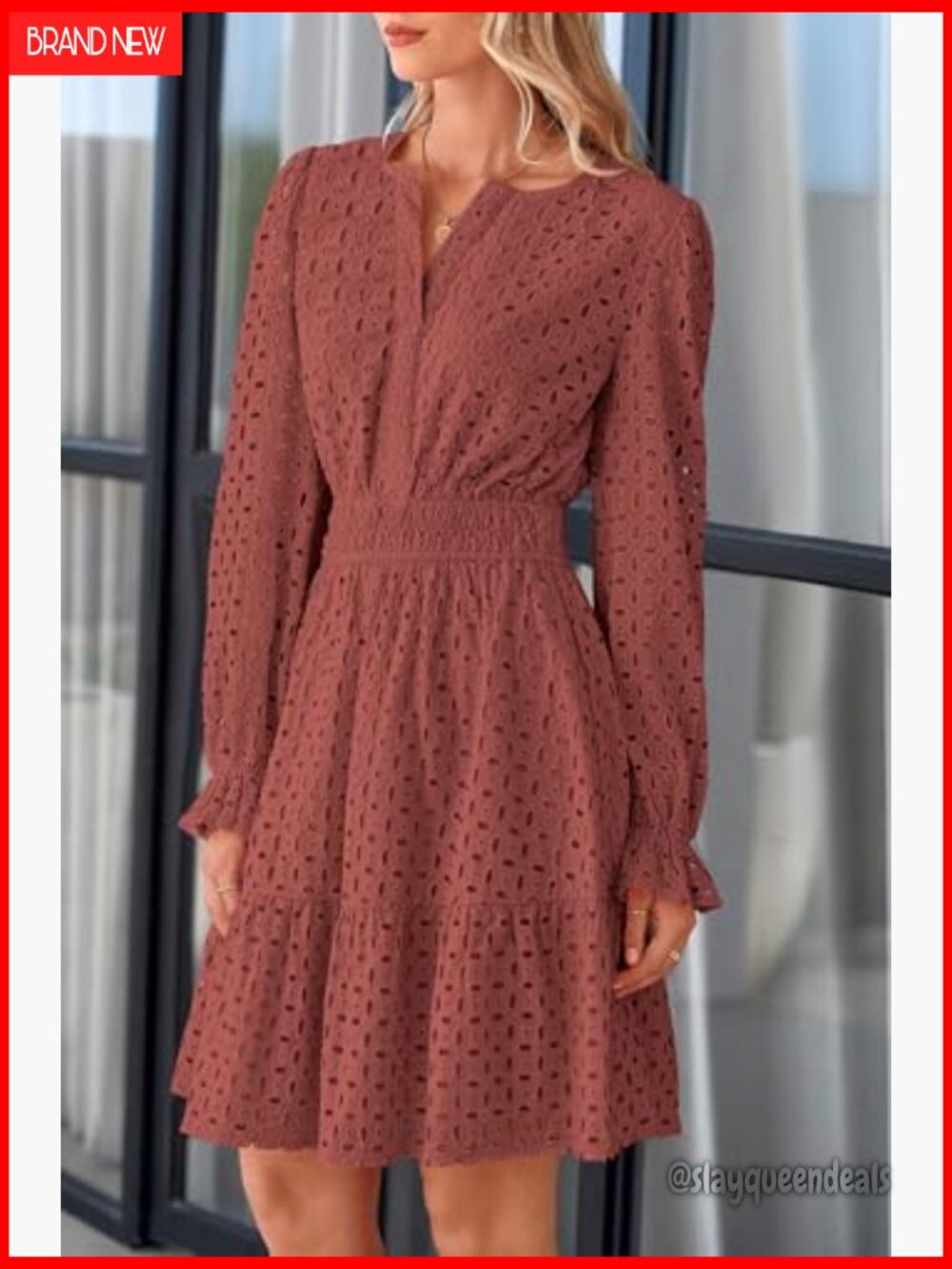 Long Sleeve Mini Dress V Neck A Line Ruffle Eyelet Casual Party - Picture 5 of 7